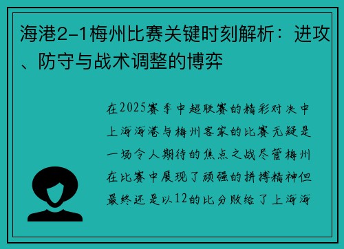 海港2-1梅州比赛关键时刻解析：进攻、防守与战术调整的博弈