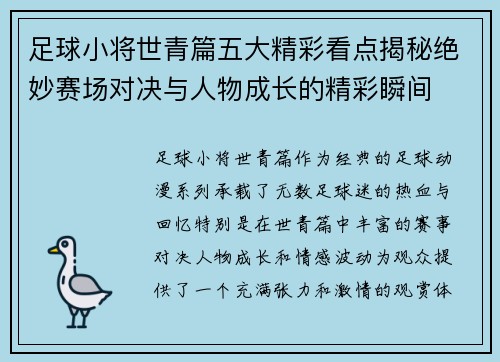足球小将世青篇五大精彩看点揭秘绝妙赛场对决与人物成长的精彩瞬间